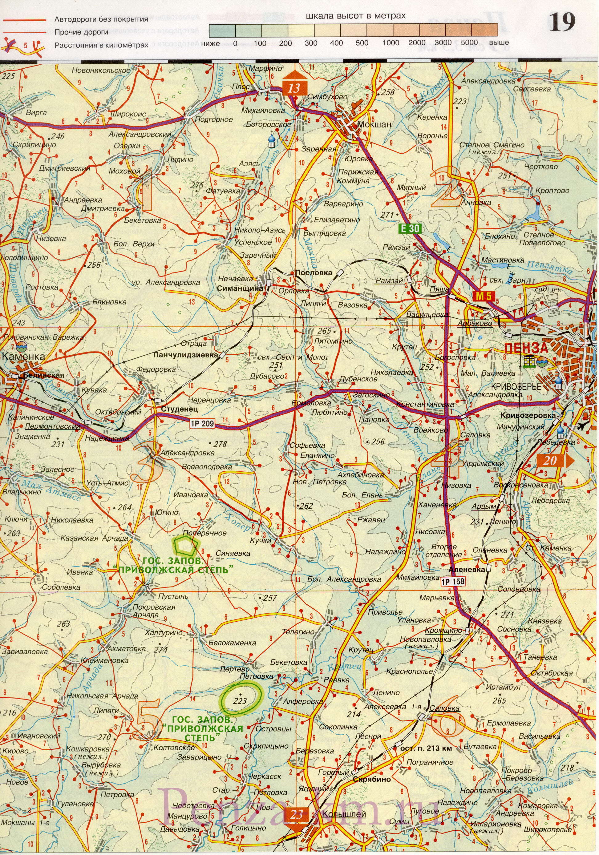  Пенза на карте России. Карта дорог Пензы и окрестностей (название города Пенза по реке Пенза), A0 - 