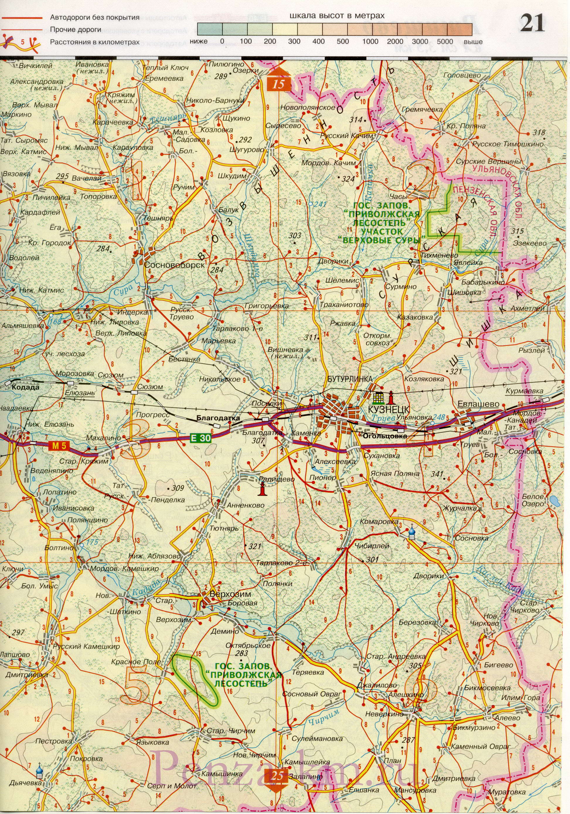  Пензенская область карта дорог. Подробная карта автодорог Пензенской области масштаба 1см:3,5км, E1 - 
